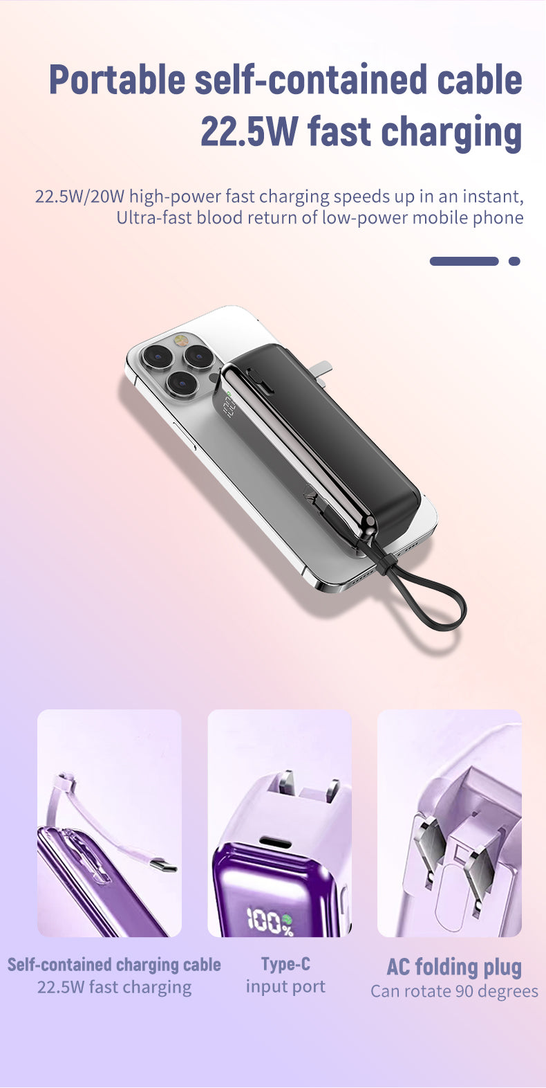 With its own line 5000 mAh AC plug 22.5W fast charging multicolor optional Power Bank
