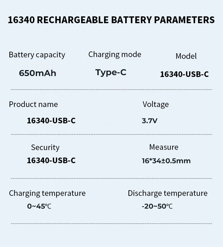 RCR123A Rechargeable Battery with USB-C