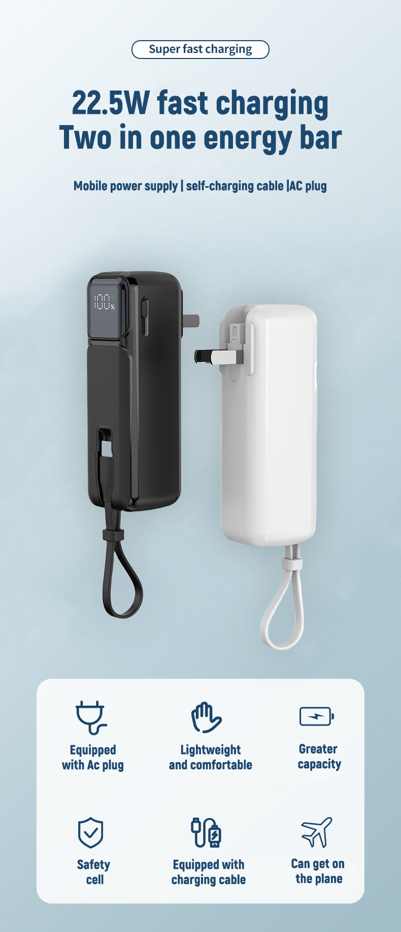 Self-contained AC plug 22.5W fast charging intelligent digital display charging 5000 mAh Power Bank