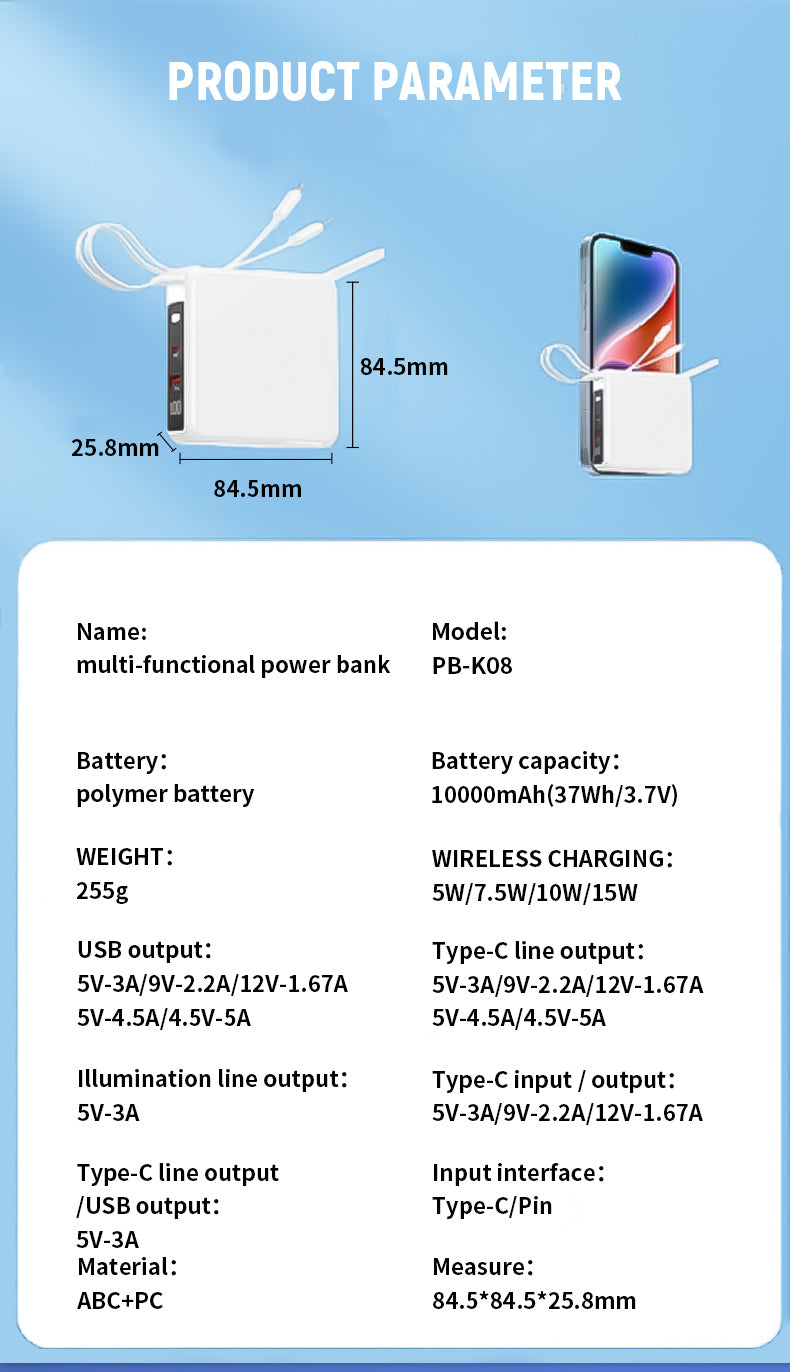 Wireless 15W mobile power AC plug two-in-one lanyard with 10000 mAh super LED lamp Power Bank